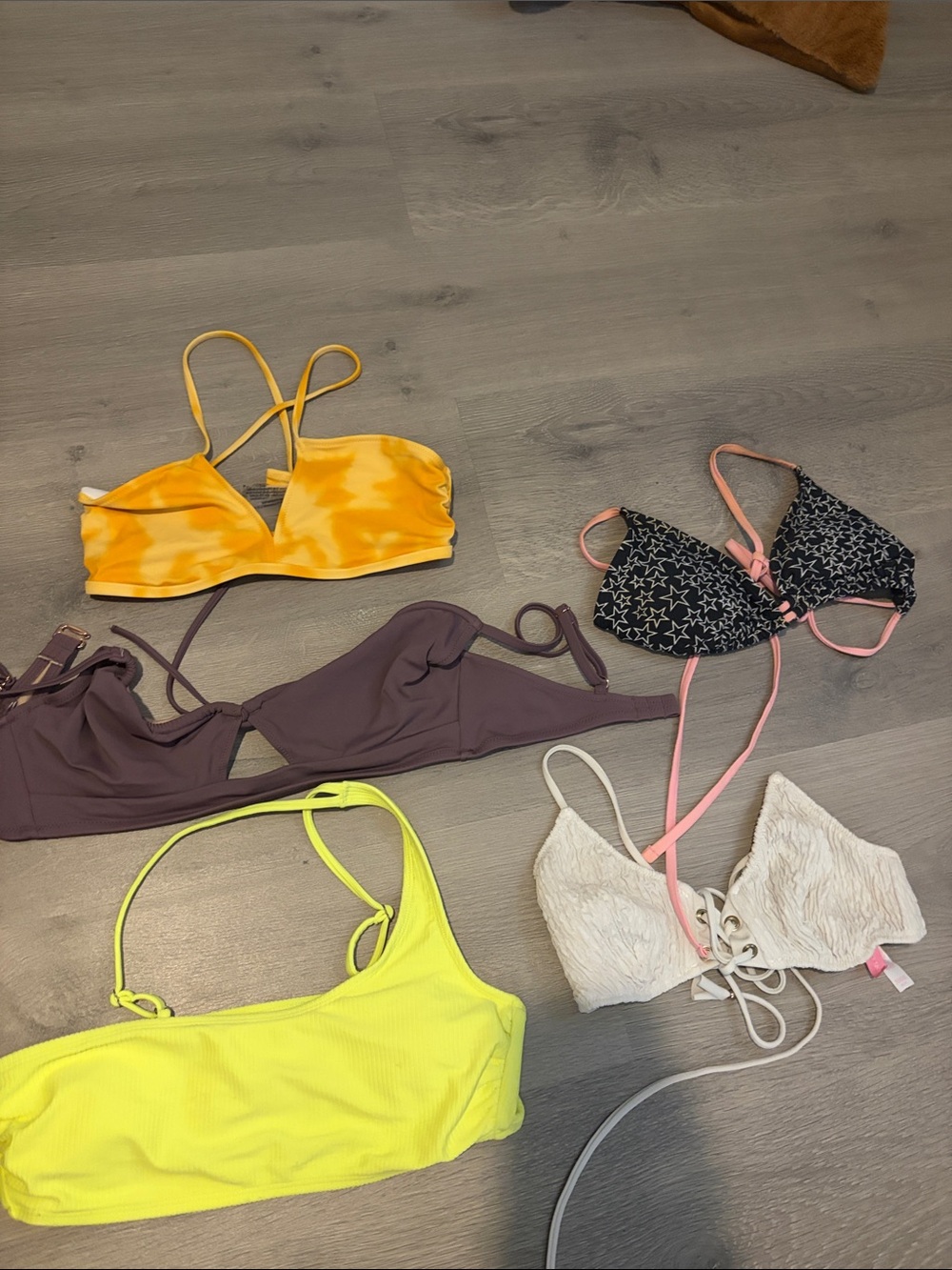 SHEIN Yellow Tie-Dye & Multi Bikini Tops Set